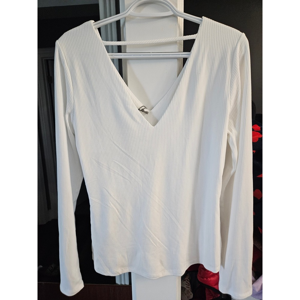 Nine Britton Womens White Ribbed Long Sleeve V-Neck Top with Back Strap Size M